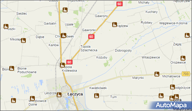 mapa Kozuby gmina Łęczyca, Kozuby gmina Łęczyca na mapie Targeo
