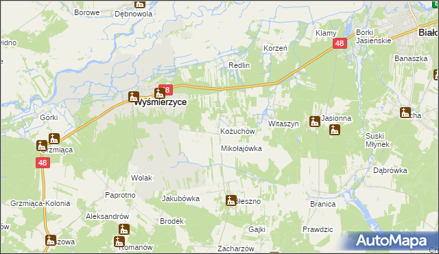 mapa Kożuchów gmina Wyśmierzyce, Kożuchów gmina Wyśmierzyce na mapie Targeo