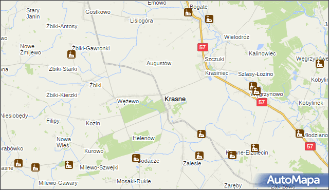 mapa Krasne powiat przasnyski, Krasne powiat przasnyski na mapie Targeo
