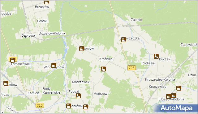mapa Kraśnica gmina Opoczno, Kraśnica gmina Opoczno na mapie Targeo