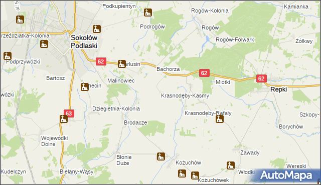 mapa Krasnodęby-Kasmy, Krasnodęby-Kasmy na mapie Targeo