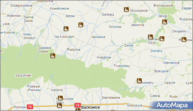 mapa Kraszków gmina Waśniów, Kraszków gmina Waśniów na mapie Targeo