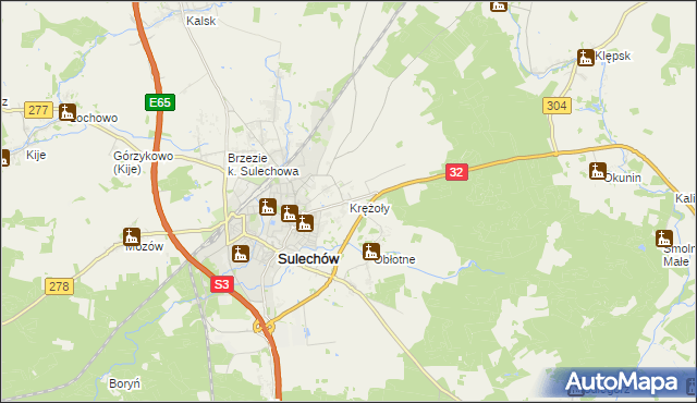 mapa Krężoły gmina Sulechów, Krężoły gmina Sulechów na mapie Targeo