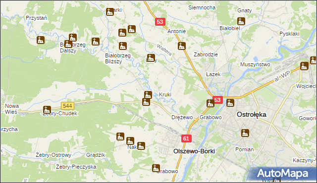 mapa Kruki gmina Olszewo-Borki, Kruki gmina Olszewo-Borki na mapie Targeo