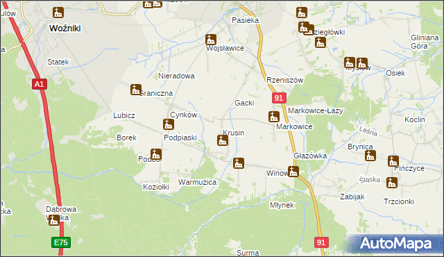 mapa Krusin gmina Koziegłowy, Krusin gmina Koziegłowy na mapie Targeo