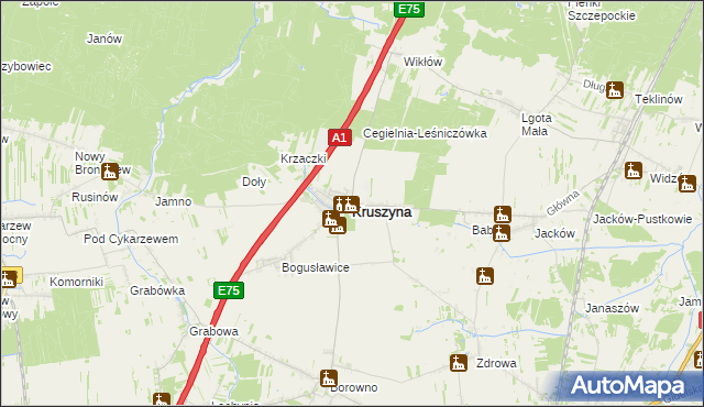 mapa Kruszyna powiat częstochowski, Kruszyna powiat częstochowski na mapie Targeo