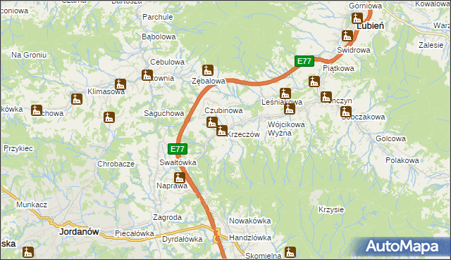 mapa Krzeczów gmina Lubień, Krzeczów gmina Lubień na mapie Targeo