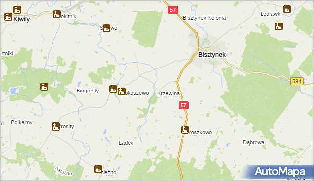 mapa Krzewina gmina Bisztynek, Krzewina gmina Bisztynek na mapie Targeo