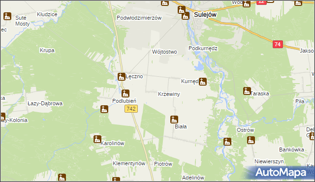 mapa Krzewiny gmina Sulejów, Krzewiny gmina Sulejów na mapie Targeo