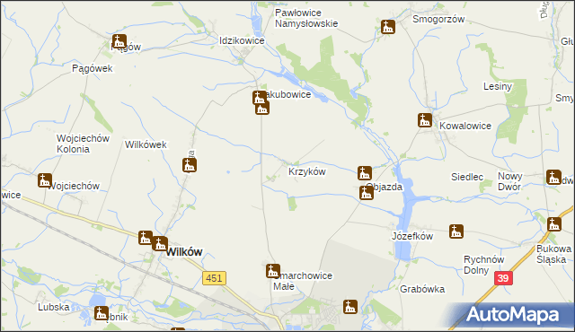 mapa Krzyków gmina Wilków, Krzyków gmina Wilków na mapie Targeo