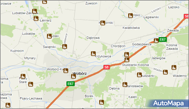 mapa Krzykowice gmina Wolbórz, Krzykowice gmina Wolbórz na mapie Targeo