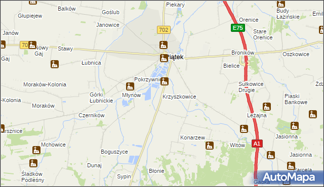 mapa Krzyszkowice gmina Piątek, Krzyszkowice gmina Piątek na mapie Targeo
