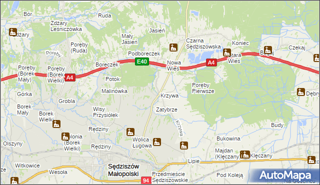 mapa Krzywa gmina Sędziszów Małopolski, Krzywa gmina Sędziszów Małopolski na mapie Targeo