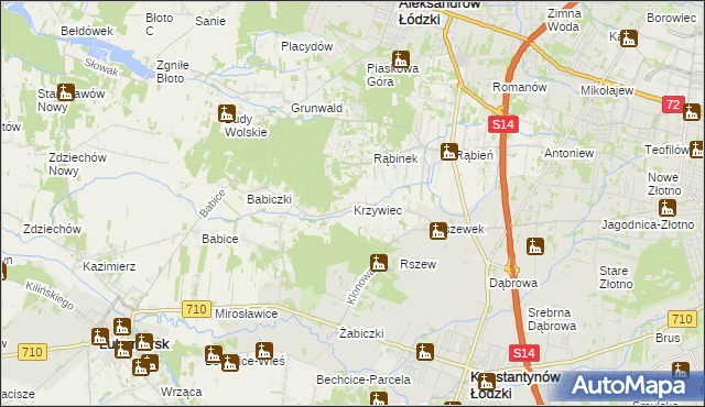 mapa Krzywiec gmina Aleksandrów Łódzki, Krzywiec gmina Aleksandrów Łódzki na mapie Targeo