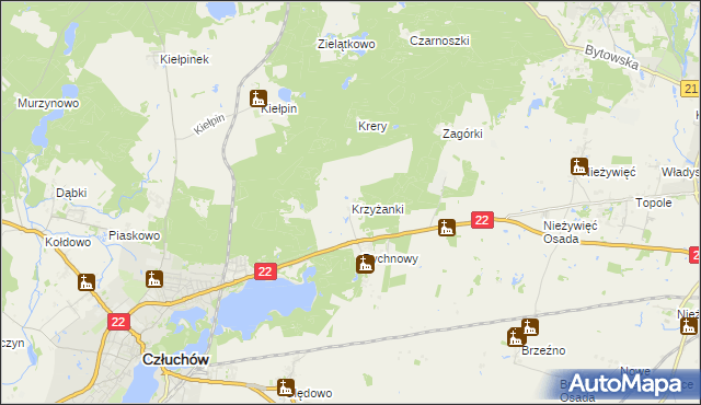 mapa Krzyżanki gmina Człuchów, Krzyżanki gmina Człuchów na mapie Targeo