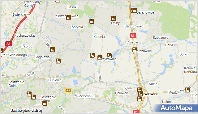 mapa Krzyżowice gmina Pawłowice, Krzyżowice gmina Pawłowice na mapie Targeo