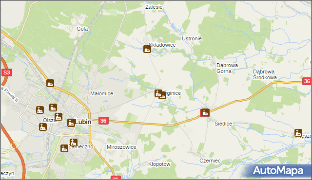 mapa Księginice gmina Lubin, Księginice gmina Lubin na mapie Targeo