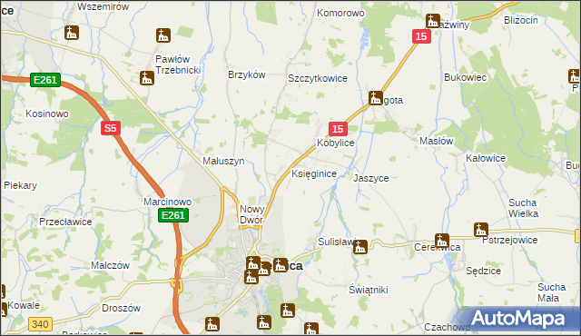 mapa Księginice gmina Trzebnica, Księginice gmina Trzebnica na mapie Targeo