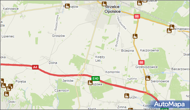 mapa Księży Las gmina Ujazd, Księży Las gmina Ujazd na mapie Targeo