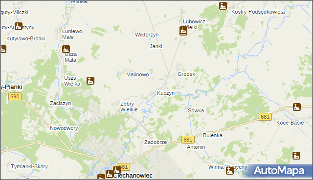 mapa Kuczyn gmina Klukowo, Kuczyn gmina Klukowo na mapie Targeo