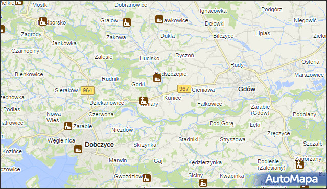 mapa Kunice gmina Gdów, Kunice gmina Gdów na mapie Targeo