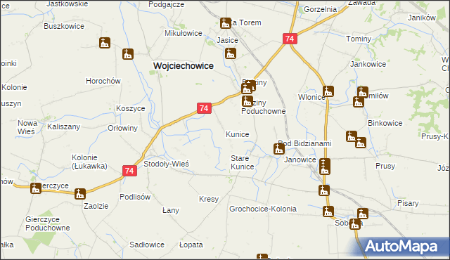 mapa Kunice gmina Wojciechowice, Kunice gmina Wojciechowice na mapie Targeo