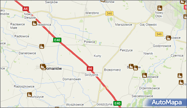 mapa Kuny gmina Domaniów, Kuny gmina Domaniów na mapie Targeo