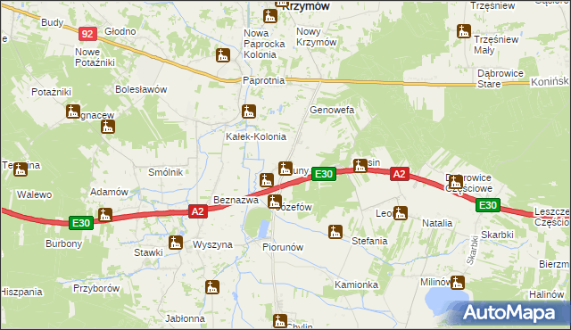 mapa Kuny gmina Władysławów, Kuny gmina Władysławów na mapie Targeo