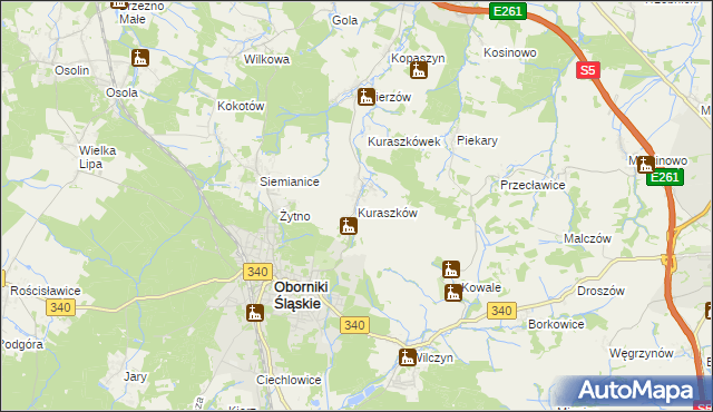 mapa Kuraszków gmina Oborniki Śląskie, Kuraszków gmina Oborniki Śląskie na mapie Targeo