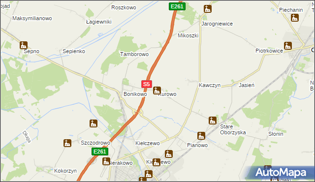 mapa Kurowo gmina Kościan, Kurowo gmina Kościan na mapie Targeo