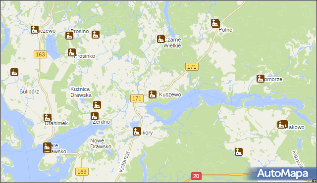mapa Kuszewo gmina Czaplinek, Kuszewo gmina Czaplinek na mapie Targeo
