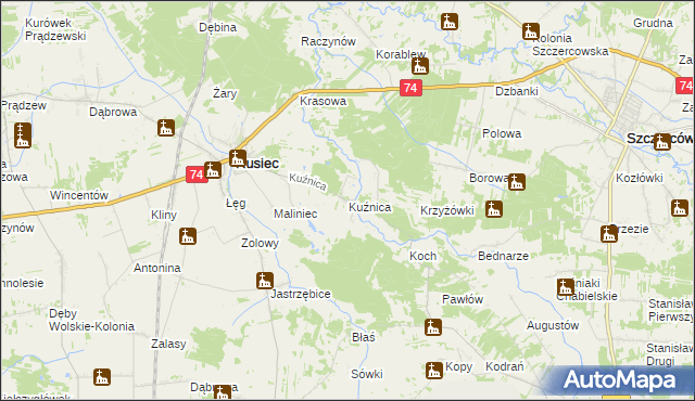 mapa Kuźnica gmina Rusiec, Kuźnica gmina Rusiec na mapie Targeo