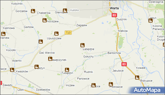 mapa Łabędzie gmina Warta, Łabędzie gmina Warta na mapie Targeo