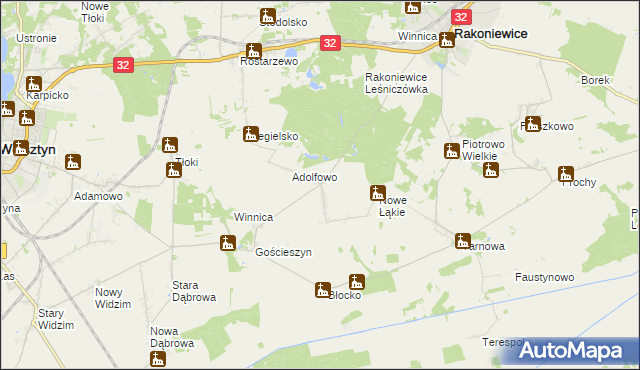 mapa Łąkie gmina Rakoniewice, Łąkie gmina Rakoniewice na mapie Targeo