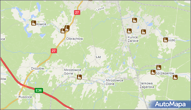 mapa Łaz gmina Żary, Łaz gmina Żary na mapie Targeo