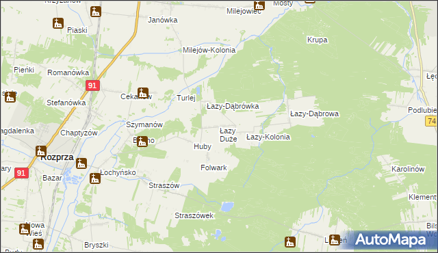 mapa Łazy Duże gmina Rozprza, Łazy Duże gmina Rozprza na mapie Targeo