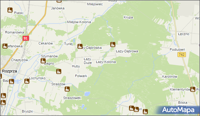 mapa Łazy gmina Sulejów, Łazy gmina Sulejów na mapie Targeo