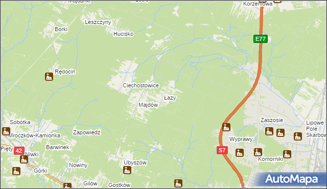 mapa Łazy gmina Szydłowiec, Łazy gmina Szydłowiec na mapie Targeo
