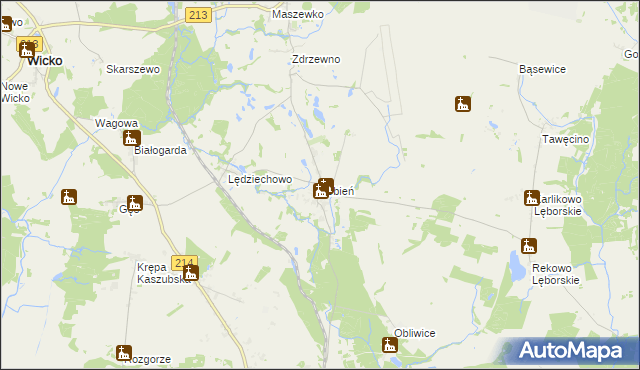 mapa Łebień gmina Nowa Wieś Lęborska, Łebień gmina Nowa Wieś Lęborska na mapie Targeo