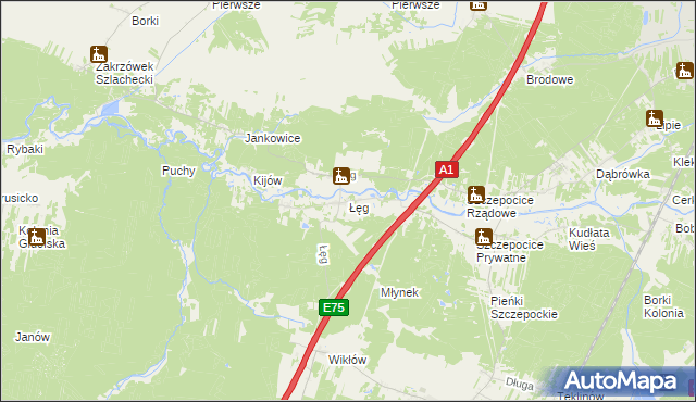 mapa Łęg gmina Kruszyna, Łęg gmina Kruszyna na mapie Targeo