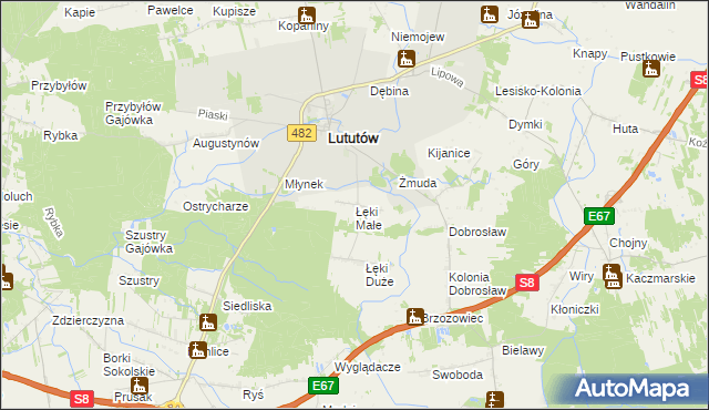 mapa Łęki Małe gmina Lututów, Łęki Małe gmina Lututów na mapie Targeo