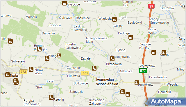 mapa Lesieniec gmina Iwanowice, Lesieniec gmina Iwanowice na mapie Targeo