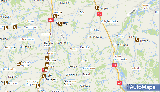mapa Leśnica gmina Bukowina Tatrzańska, Leśnica gmina Bukowina Tatrzańska na mapie Targeo