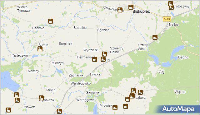 mapa Lipinki gmina Biskupiec, Lipinki gmina Biskupiec na mapie Targeo