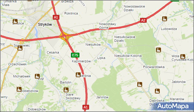 mapa Lipka gmina Stryków, Lipka gmina Stryków na mapie Targeo