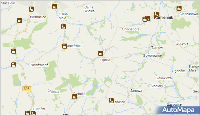 mapa Lipniki gmina Kamiennik, Lipniki gmina Kamiennik na mapie Targeo