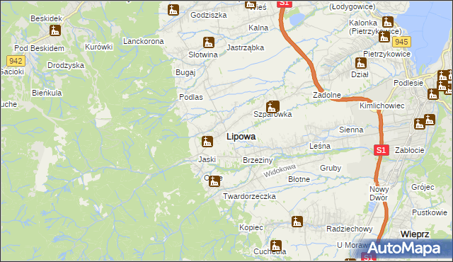 mapa Lipowa powiat żywiecki, Lipowa powiat żywiecki na mapie Targeo