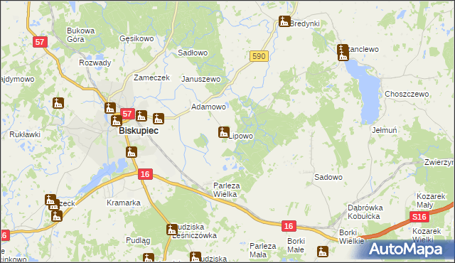 mapa Lipowo gmina Biskupiec, Lipowo gmina Biskupiec na mapie Targeo