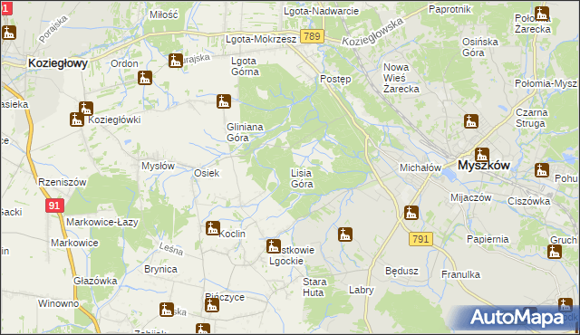 mapa Lisia Góra gmina Koziegłowy, Lisia Góra gmina Koziegłowy na mapie Targeo
