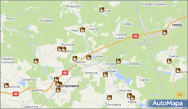 mapa Lisów gmina Herby, Lisów gmina Herby na mapie Targeo
